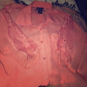 Peach button up dress blouse. Lace sleeve/shoulder